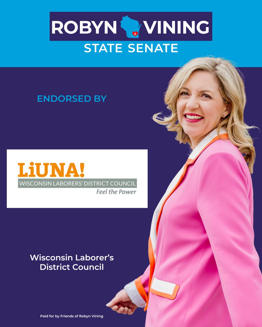 “I’m proud to endorse Rep. Robyn Vining for State Senate because she has the experience and vision to move Wisconsin forward on all the critical issues like improving healthcare, addressing the mental health crisis and opioid epidemic, as well as improving our schools and making Wisconsin the best place to live.” - Former Waukesha Mayor Larry Nelson