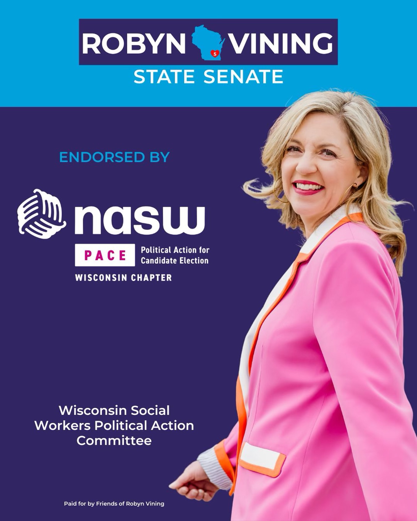 “I’m proud to endorse Rep. Robyn Vining for State Senate because she has the experience and vision to move Wisconsin forward on all the critical issues like improving healthcare, addressing the mental health crisis and opioid epidemic, as well as improving our schools and making Wisconsin the best place to live.” - Former Waukesha Mayor Larry Nelson