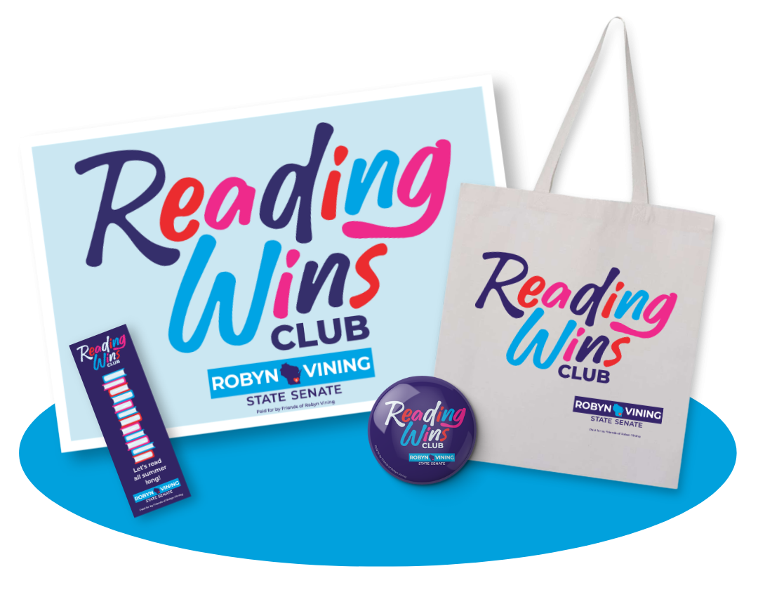 Reading Wins tote, sign, bookmark, and button