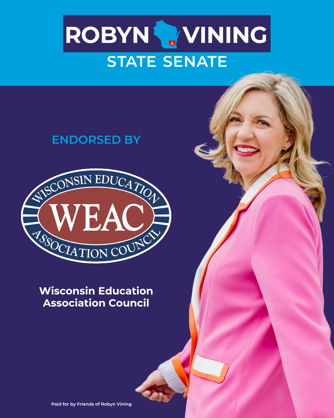“I’m proud to endorse Rep. Robyn Vining for State Senate because she has the experience and vision to move Wisconsin forward on all the critical issues like improving healthcare, addressing the mental health crisis and opioid epidemic, as well as improving our schools and making Wisconsin the best place to live.” - Former Waukesha Mayor Larry Nelson